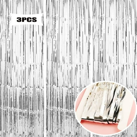 3 Pack 3.28 x 6.56 ft Silver Foil Fringe Backdrop Curtain, Streamer Backdrop Curtains, Birthday Wedding Holiday Celebration Graduation Bachelorette Silver Party Backdrop Decorations