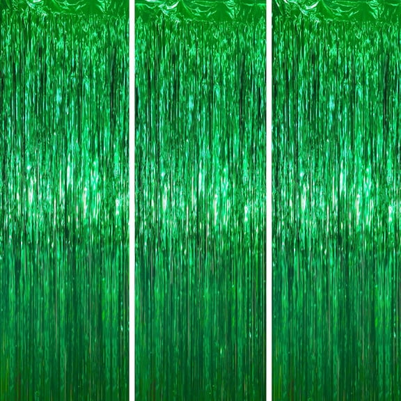 3 Pack 3.2ft x 9.8ft Green Metallic Tinsel Foil Fringe Curtains, Door Streamer Photo Booth Backdrop for Birthday Graduation Engagement Bridal Shower Bachelorette Baby Shower Party Decorations