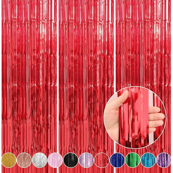 3 Pack 3.3 ft x 9.9 ft Red Tinsel Curtain Party Backdrop Decorations, Metallic Foil Fringe Backdrop Door for Bachelorette Party Decorations,Black Streamers,Red Birthday Backdrop