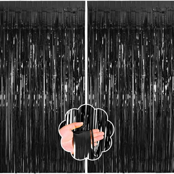 3 Pack 3.3 x 9.8 Feet Foil Fringe Curtains, Black Metallic Tinsel Door Curtains Photo Booth Backdrop for Wedding Birthday Bridal Shower Baby Shower Bachelorette Party Decorations