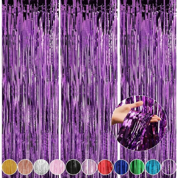 3 Pack 3.3 x 9.8 ft Purple Foil Fringe Glitter Curtains Party Decorations, Tinsel Backdrop for Parties, Door Streamers for Birthday, Photo Booth Backdrops, Party Decor
