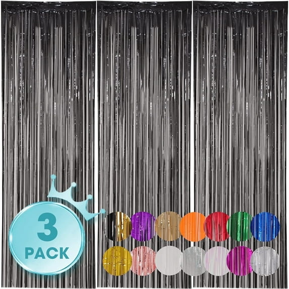 3 Pack 3.3 x 9.9 ft Black Foil Fringe Backdrop Curtain, Streamer Backdrop Curtains, Streamers Birthday Party Decorations, Tinsel Curtain for Parties, Galentines Decor, Preppy, Photo Booth