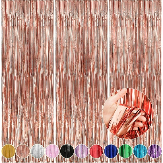 3 Pack 3.3x6.6 Feet Rose Gold Foil Fringe Backdrop Curtains, Tinsel Streamers Birthday Party Decorations, Fringe Backdrop for 2025 New Years Eve, Graduation, Baby Shower, Gender Reveal
