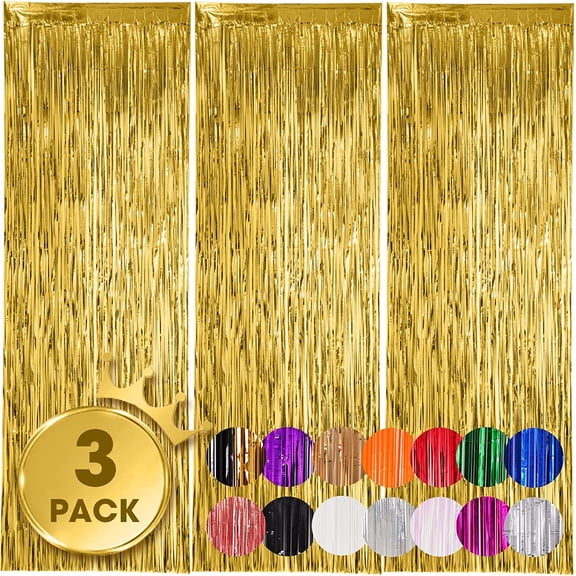 3 Pack 3.3x8.2 Feet Gold Foil Fringe Backdrop Curtains, Tinsel Streamers, for 2025 New Years Eve, Graduation, Birthday, Baby Shower, Gender Reveal, Disco Party