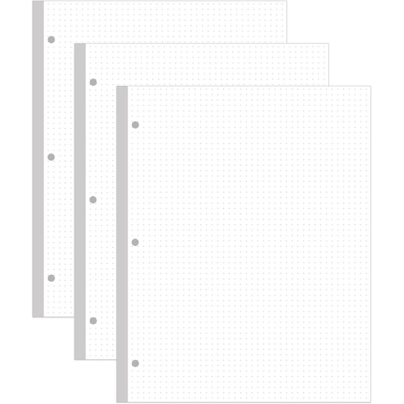 (3-Pack) 3-Hole Dotted Paper Refills, Letter Size Dot Grid Loose-Leaf Paper, 300Sheets/600Pages, 100gsm White Paper, 8.5'' x 11''
