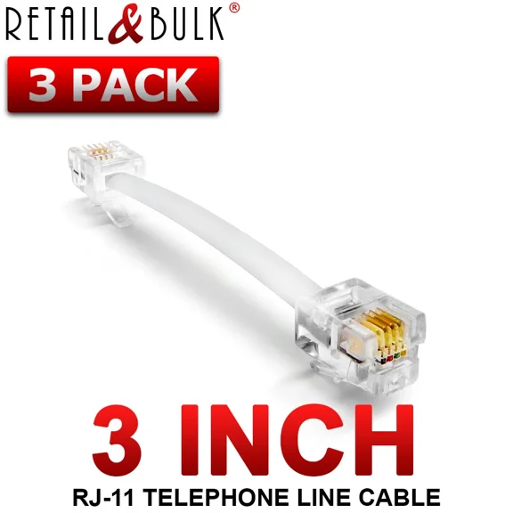 (3 Pack) 3 Inch Telephone Cable Rj11 (6P4C) Phone Line Cord, White