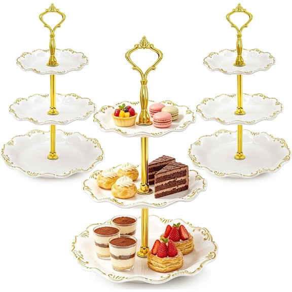 3 Pack 3 Tier Cupcake Stand, Plastic Tiered Serving Stand with Rim, Dessert Stands Tower for Birthday Wedding Party Decorations, White