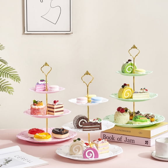 3 Pack 3-Tier Plastic Cupcake Stands, Dessert Display Towers with Plates for Cakes & Candies, Reusable Pastry Platters for Weddings, Birthdays, Tea Parties and Event Decorations - White, Pink, Green