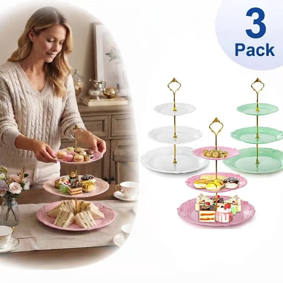 3 Pack 3 Tier Serving Tray, Reusable Plastic Cupcake Stand, Dessert Fruit Candy Display Tower, Pastry Platter for Wedding Birthday Baby Shower Parties