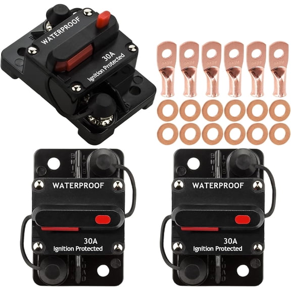 3 Pack 30 Amp Auto Car Stereo Audio Circuit Breaker Fuse 12-48VDC Manual Reset Button Switch Fuses, with Wire Lugs Copper Washer