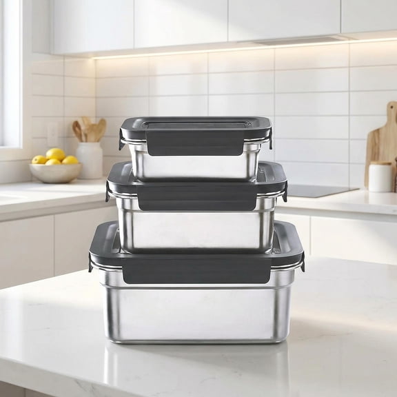3 Pack 304 Stainless Steel Food Storage Containers with Lids, Leakproof Silicone Seal, Stackable Nesting Lunch Boxes Set, 2500ML 1100ML 450ML, Dishwasher Safe