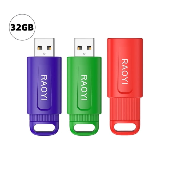 USB Flash Drive 32G 3 Pack, RAOYI Thumb Drive Retractable USB 2.0 Memory Stick Jump Drives 3 Colors