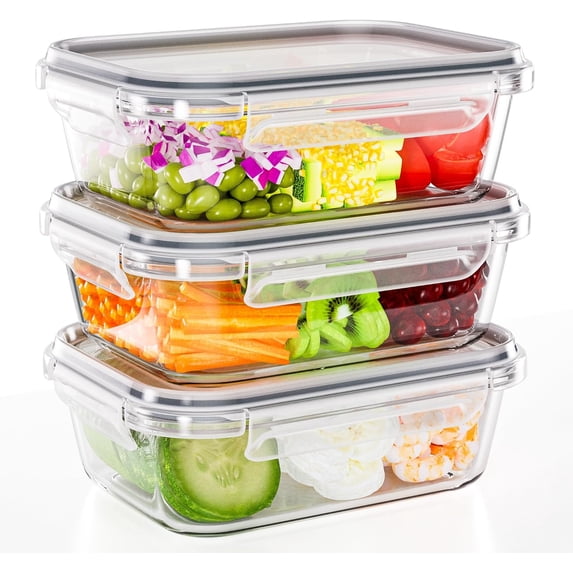 3-Pack 35 oz Glass Food Storage Containers with Airtight, Leak-Proof ...