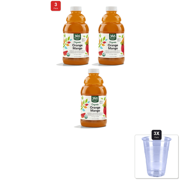 3 Pack | 365 By Whole Foods Market, Organic 100% Juice, Orange Mango, 32 Fl Oz & 3x Disposable Cup