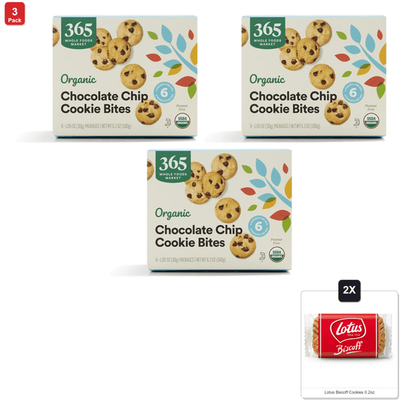 3 Pack | 365 By Whole Foods Market, Organic Chocolate Chip Cookie Bites, 6.3 Ounce & 2x Lotus Biscoff Cookies 0.2oz