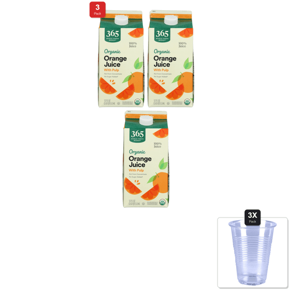 3 Pack | 365 By Whole Foods Market, Organic Orange Juice With Pulp, 52 Fl Oz & 3x Disposable Cup