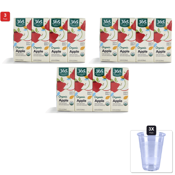 3 Pack | 365 By Whole Foods Market, Featuring Wild Kratts, Organic 100% Juice From Concentrate, Apple (8 - 6.75 Fl Oz Boxes), 54 Fl Oz & 3x Disposable Cup