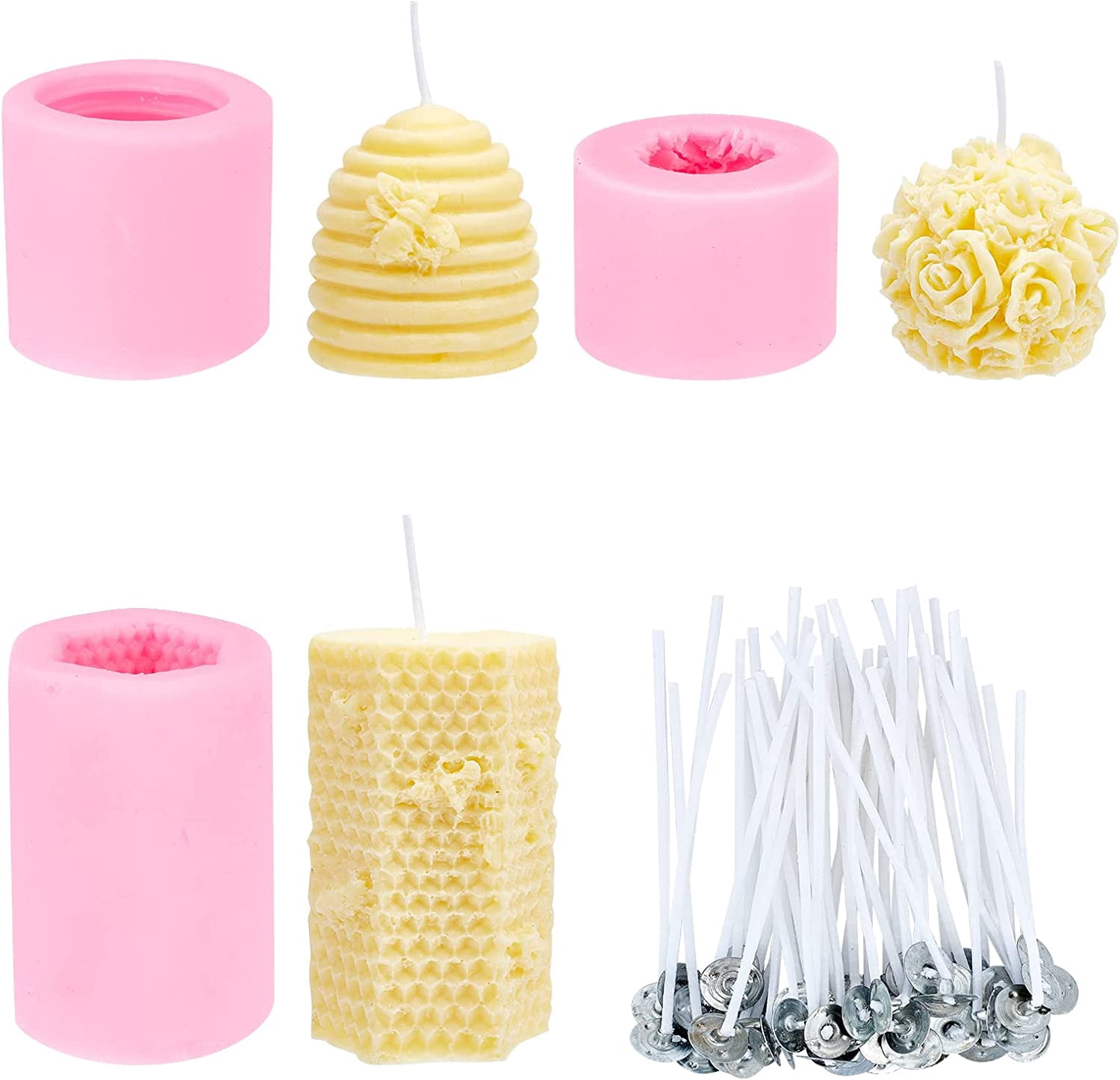 3 Pack 3D Bee Honeycomb Silicone Candle Molds with 50pcs Candle Wicks and Metal Holder for Homemade Beeswax Candle Making Supplies Soaps Lotion Bars Fondant Cake Decorating Clay Hot Pink