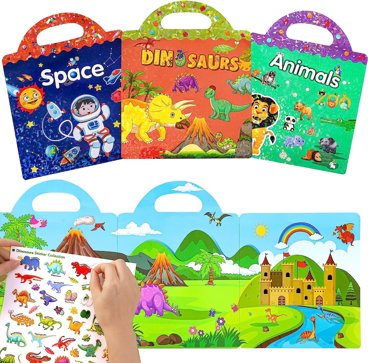3 Pack 3D Dinosaurs Zoos Marine Animals Sticker Book Removable Reusable