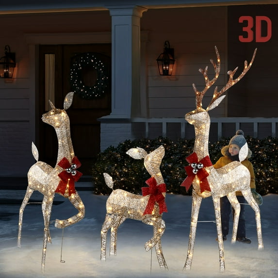 3 Pack 3D LED Lighted Christmas Reindeer Deer Family (5ft Buck & 4ft Doe & 2.5ft Fawn) Indoor Outdoor with Stakes for Yards Garden Lawn Patio Decor