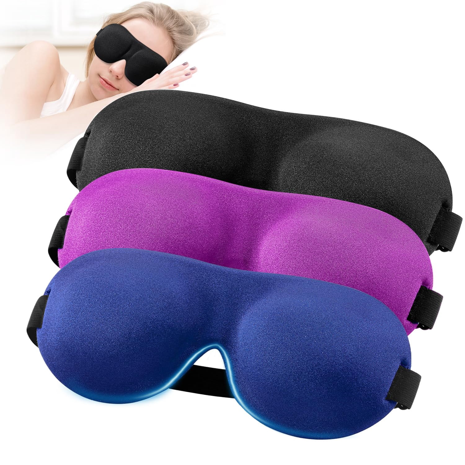 3 Pack 3D Sleep Mask for Back and Side Sleepers, 100% Light Blocking, Lightweight and Breathable Eye Cover for Men and Women, Zero Pressure Night Blindfold