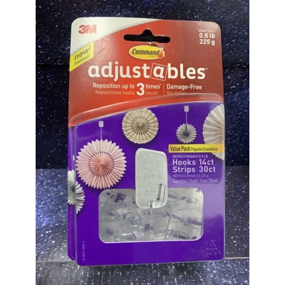 3 Pack 3M Command Adjustables Clear Repositionable 14 Hooks 30 Strips Each