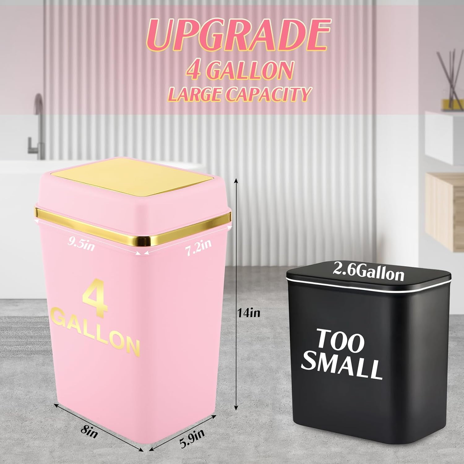 3 Pack 4 Gallon Bathroom Trash Can with Lid, Slim Small Garbage Bin for Kitchen Bedroom Office, White/Pink/Green