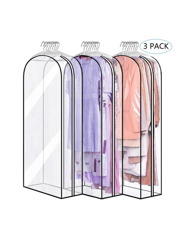 3 Pack 40" Garment Bags for Hanging Clothes, 10" Gusseted Hanging Clothes Cover for Storage , All Clear Plastic Suit Bags with Full Zipper for Closet Storage