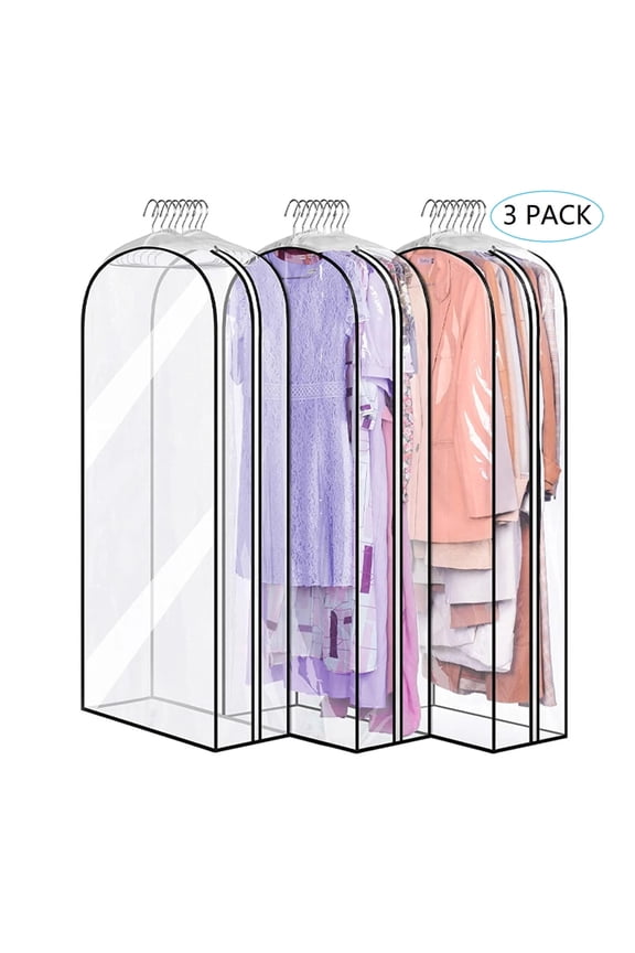 3 Pack 40" Garment Bags for Hanging Clothes, 10" Gusseted Hanging Clothes Cover for Storage , All Clear Plastic Suit Bags with Full Zipper for Closet Storage