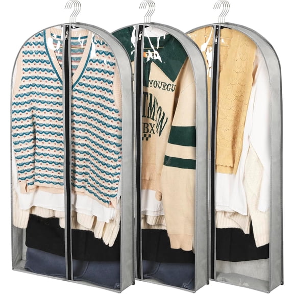 3 Pack 40" Garment Bags for Hanging Clothes Storage, Clear Moth Proof Suits Covers with 4" Gussets for Closet Storage Travel, Plastic Protector for Coat, Jacket, Sweater, Shirts