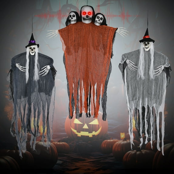 3 Pack 40 Inch Halloween Hanging Ghost Decorations Outdoor Indoor, Animated Scary Grim Reaper Skeleton Decorations, Creepy Skull Ghost for Party Outside Yard Porch Haunted House