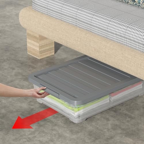 3 Pack 40 Quart Plastic Underbed Storage Boxes with Lids, Large Under Bed Storage Bins with Wheels