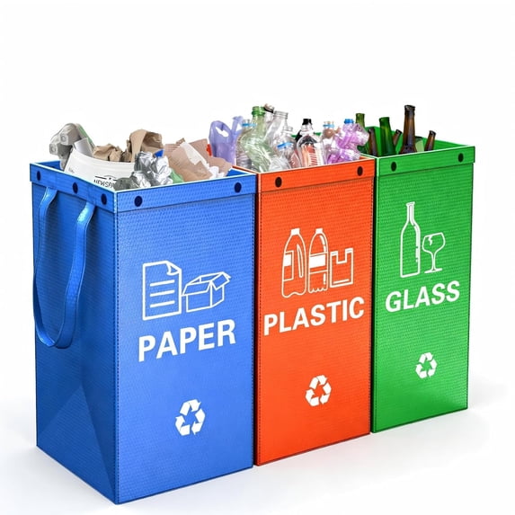 3 Pack 40L Color-Coded Recycling Bins with Handles, for Paper Plastic Glass, Home Kitchen Garage