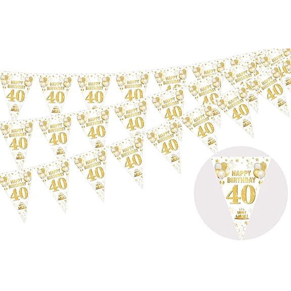 3 Pack 40th Happy Birthday Bunting Banner, 36 Pieces Triangle Flag White and Gold, 40th Birthday Decorations, Birthday Pennant Banner for Men Women, Birthday Anniversary Party Supplies