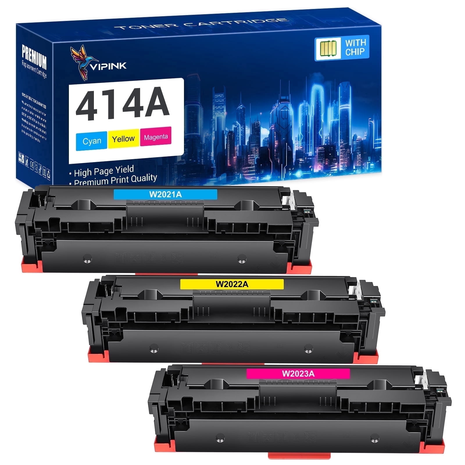 VIPink 3-Pack 414A Toner Cartridge WITH CHIP Compatible for HP 414A W2021A W2022A W2023A 414X Pro MFP M479fdw M454dw M479fdn M454dn M479 Laser Printer Ink, Cyan, Magenta, Yellow