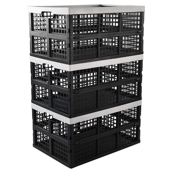 3-Pack 42 L Large Folding Basket, Plastic Collapsible Storage Crate, Black