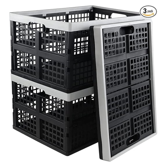 3-Pack 42 L Plastic Storage Collapsible Crate, Folding Plastic Stackable Utility Crate