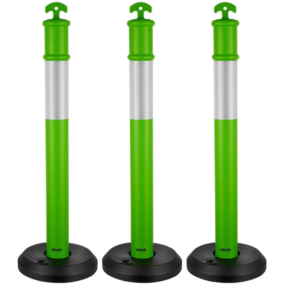 3 Pack 48 Inch Heavy Duty Traffic Delineator Posts with Fillable Base and Reflective Strips for Construction Parking Lot and Crowd Control Green
