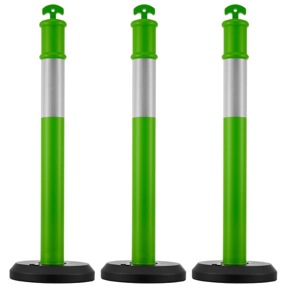 3 Pack 48 Inch Heavy Duty Traffic Delineator Posts with Fillable Base and Reflective Strips for Construction Site Parking Lot and Crowd Control Green