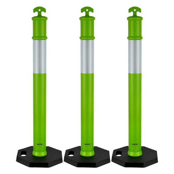 3 Pack 48 Inch Heavy Duty Traffic Delineator Posts with Weighted Base and Reflective Strips for Construction Site Parking Lot and Crowd Control Green