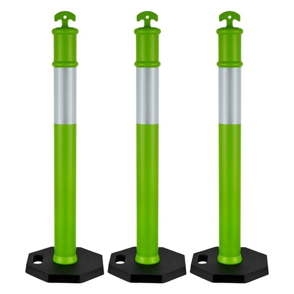 3 Pack 48" Traffic Delineator Posts, Weighted Base & Reflective Strips, Construction Parking Lot Crowd Control, Green