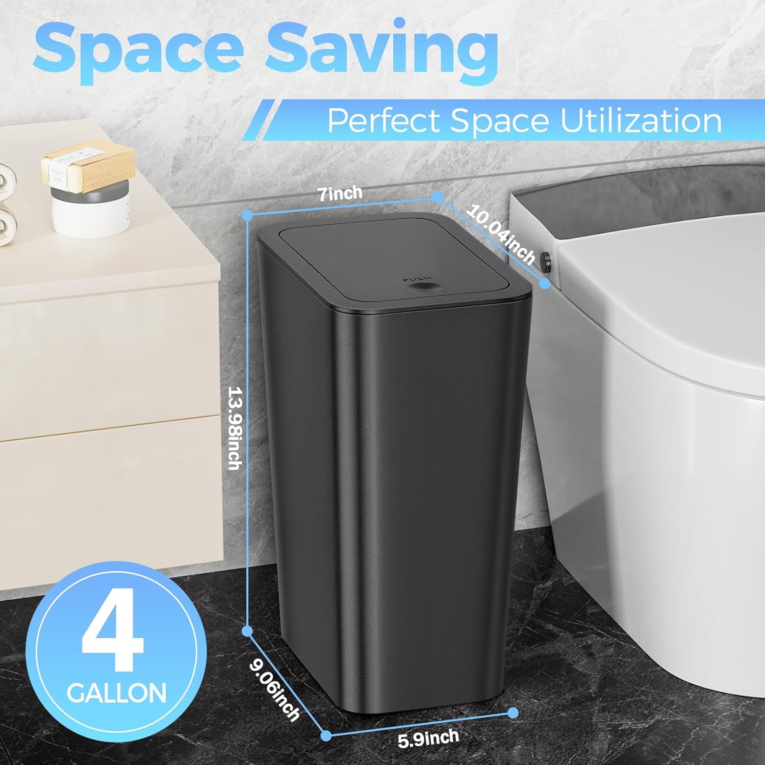 Trash Can With Lid, Garbage Can With Push Button, Narrow Modern Waste