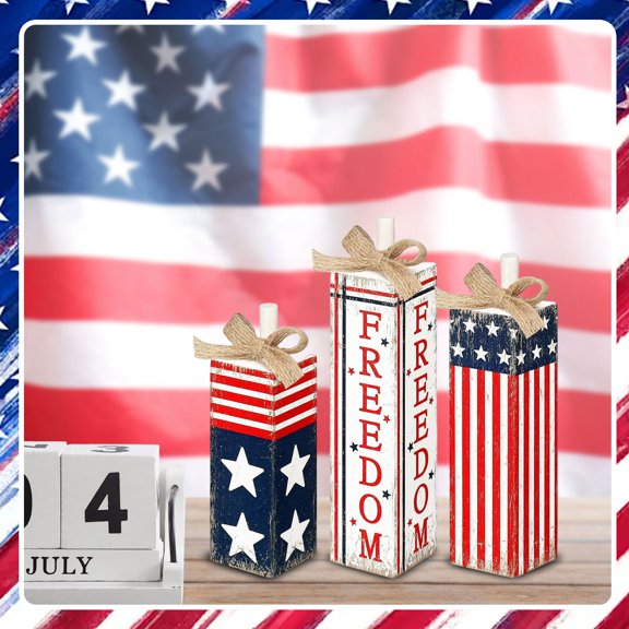 3 Pack 4Th Of July Wooden Star Sign Post Table Decor, Patriotic American Flag & Freedom Themed Decorative Accents For Independence Day, Rustic Farmhouse Style July 4Th Home
