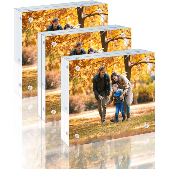 3 Pack 4x4 Acrylic Picture Frames - 20% Thicker Double Sided Magnetic Frame with UV Protection - Freestanding Clear Frameless Display for Tabletops - Modern Photo Frame Set for Home & Office Decor