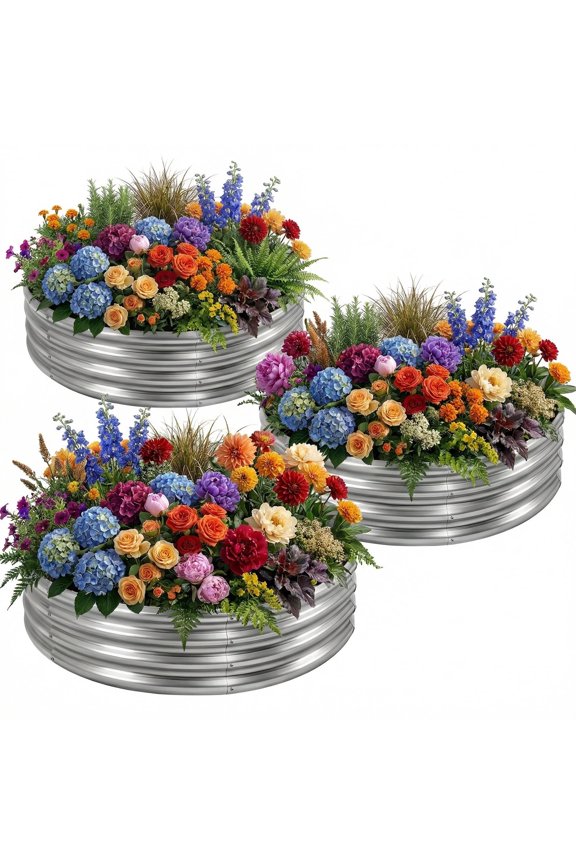 3Pack 4x4x1 ft Round Galvanized Raised Garden Bed Kit Metal Flower Box Large Planter Raised Beds Outdoor for Planting,Fruit,Herb-Sliver