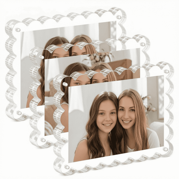 3 Pack 4x6 Acrylic Magnetic Picture Frames, Double Sided Clear Photo Frames for Desk, Scalloped Edge Tabletop Display, Frameless Floating Effect for Home Office Decor