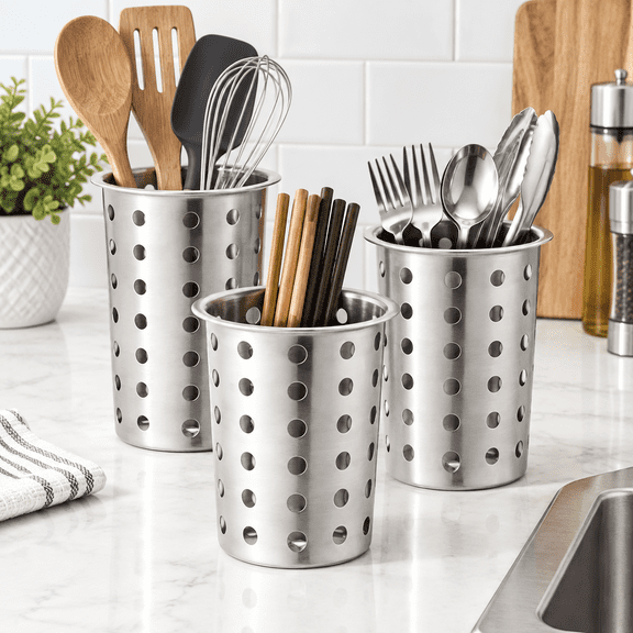 3-Pack 5.25 Inch Perforated Stainless Steel Utensil Drying Cups