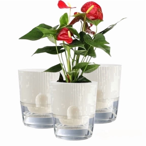 Guman Self-Watering White Plastic Plant Pots, 3-Pack, Cotton Wick