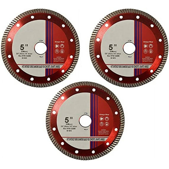 3-Pack 5" Hot Pressed Diamond Saw Blade 12,200 RPM (5/8" Arbor with 7/8" Arbor Adapter)
