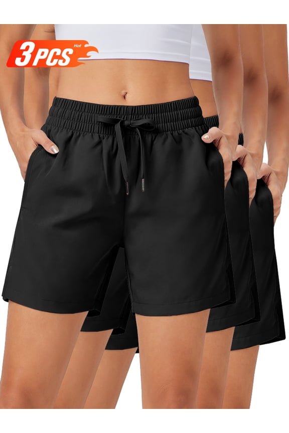 3 Pack 5" Womens Athletic Shorts Quick Dry Lightweight Gym Running Shorts with Pockets Black-Black-Black L